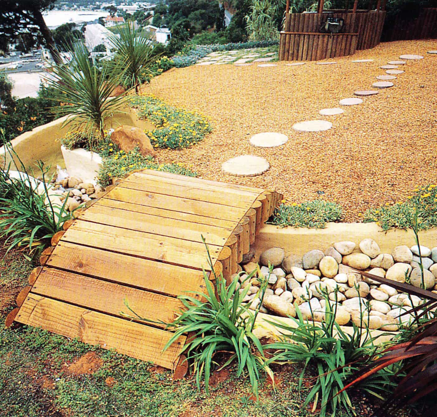 Stone path and rustic bridge